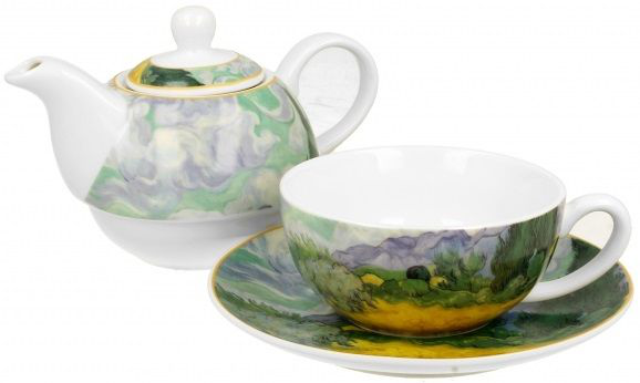 Porcelanowy zestaw Wheat Field van Gogh – filiżanka, dzbanek i spodek z malarskim wzorem.