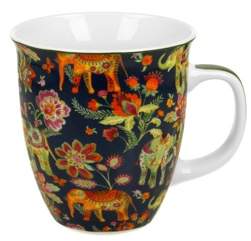 Kubek porcelanowy Ankur Blue 650 ml z kolorowym motywem słoni i kwiatów na ciemnogranatowym tle.