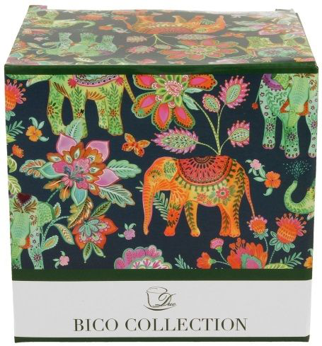 Ozdobne pudełko do kubka porcelanowego Ankur Blue 650 ml z orientalnym wzorem słoni i kwiatów.