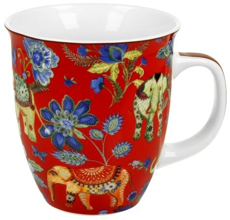 Kubek porcelanowy Ankur Red 650 ml w kolorze czerwonym, ozdobiony kwiatami i motywami słoni.