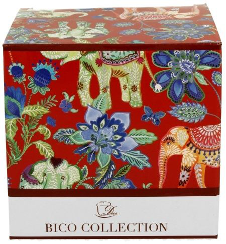 Ozdobne pudełko do kubka porcelanowego Ankur Red 650 ml z czerwonym tłem i orientalnym wzorem.