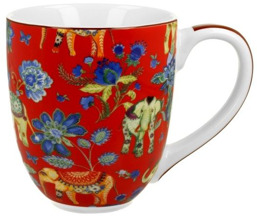 Kubek porcelanowy Ankur Red 1000 ml z orientalnym wzorem słoni i kwiatów na czerwonym tle – widok z przodu.