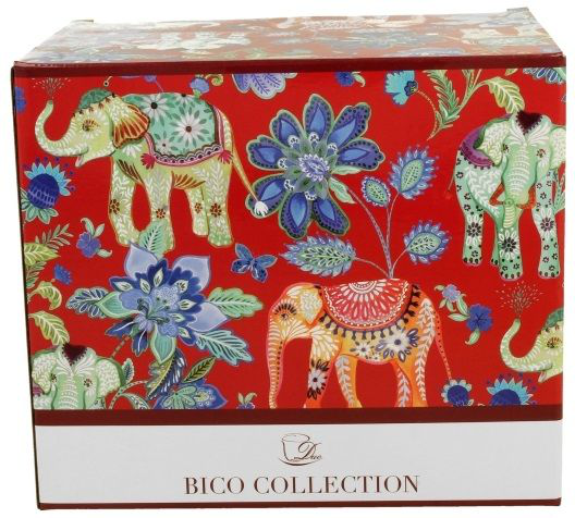 Kubek porcelanowy XXL Ankur Red 1000 ml w ozdobnym czerwonym pudełku z motywem słoni i kwiatów.