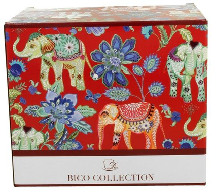Kubek porcelanowy XXL Ankur Red 1000 ml w ozdobnym czerwonym pudełku z motywem słoni i kwiatów.