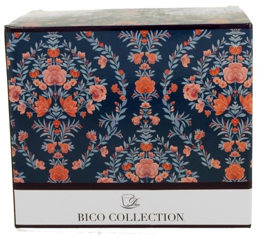Eleganckie pudełko z kolekcji Bico ozdobione granatowym tłem i kwiatowym wzorem w odcieniach różu i pomarańczy.