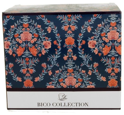 Eleganckie pudełko z kolekcji Bico ozdobione granatowym tłem i kwiatowym wzorem w odcieniach różu i pomarańczy.