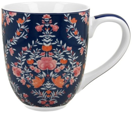 Porcelanowy kubek XXL Manu Blue o pojemności 1000 ml, zdobiony kwiatowym motywem na granatowym tle.