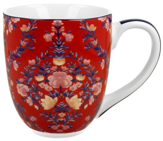 Widok kubka Manu Red z boku – ornamenty kwiatowe w odcieniach różu i żółci.