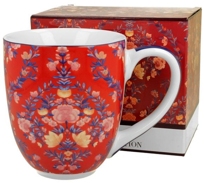 Kubek porcelanowy XXL Manu Red 1000 ml z kwiatowym wzorem na czerwonym tle.