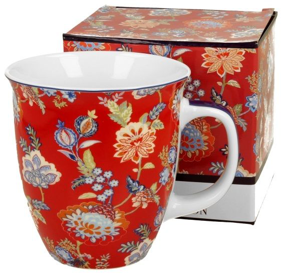 Kubek porcelanowy Sahat Red – 650 ml ustawiony obok ozdobnego pudełka w tym samym wzorze.