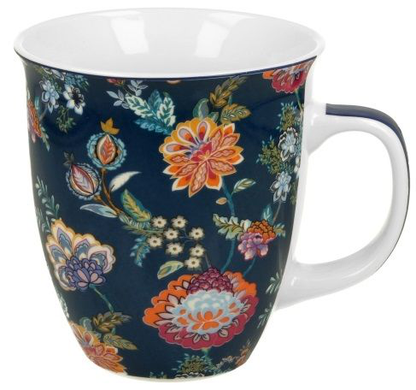 Granatowy kubek porcelanowy Sahat Blue 650 ml z kwiatowym orientalnym motywem.