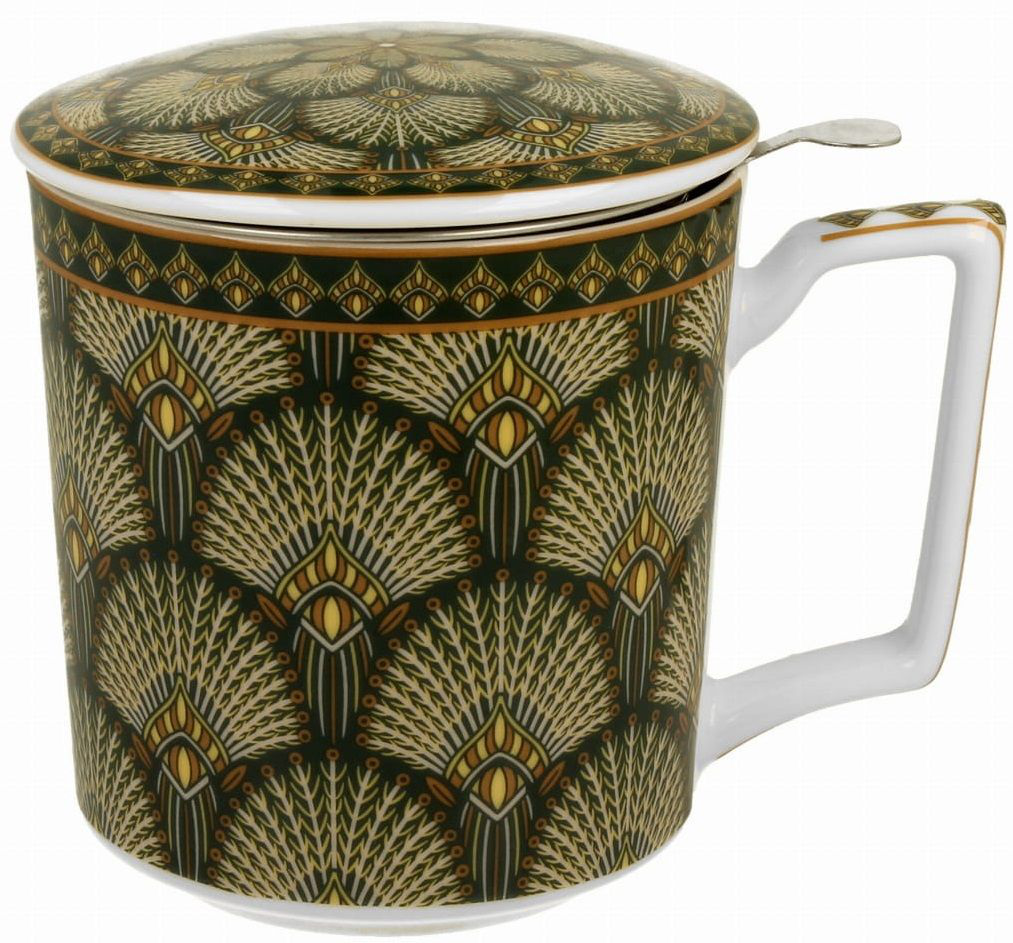 Kubek porcelanowy Verdigo z pokrywką, wzór geometryczny w złocie i zieleni