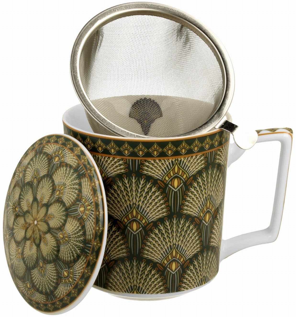 Kubek porcelanowy Verdigo 400 ml z metalowym zaparzaczem i pokrywką