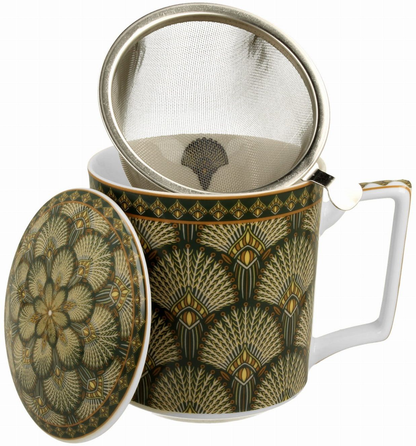 Kubek porcelanowy Verdigo 400 ml z metalowym zaparzaczem i pokrywką