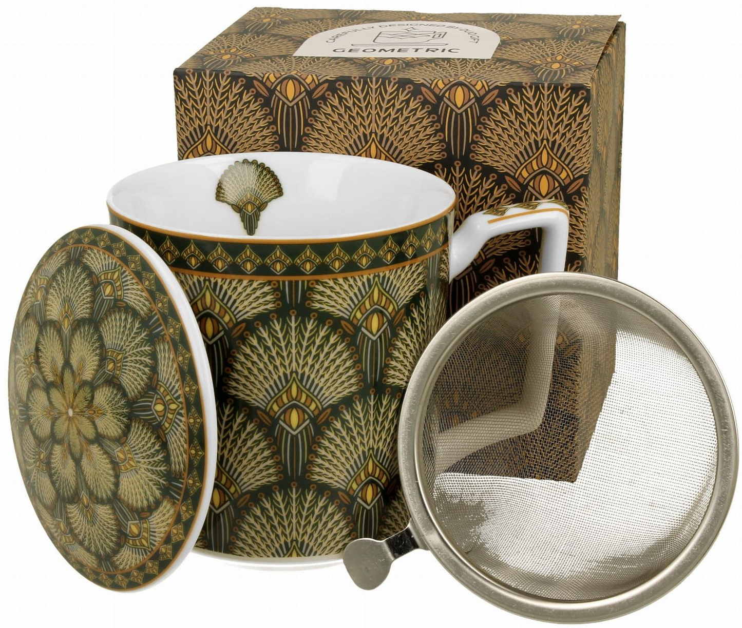 Zestaw kubek porcelanowy Verdigo z zaparzaczem, pokrywką i pudełkiem