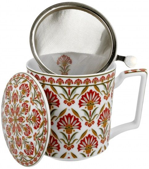 Kubek porcelanowy Carnatio 400 ml z metalowym zaparzaczem i pokrywką