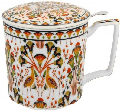 Kubek porcelanowy Heron z pokrywką, geometryczny wzór z czaplą