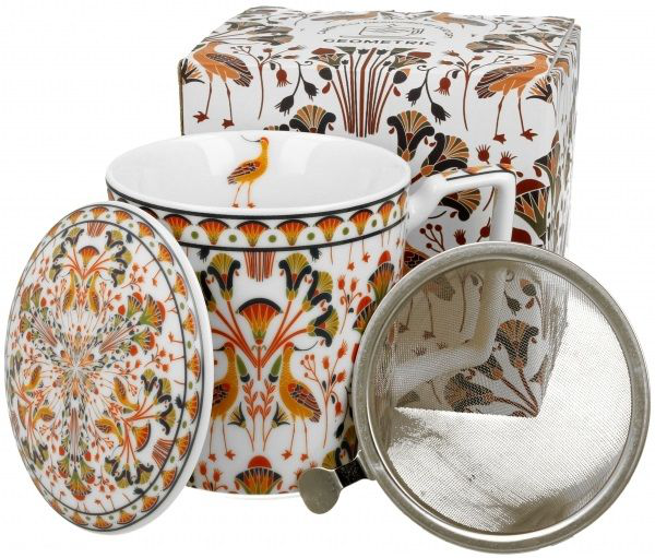 Zestaw kubek porcelanowy Heron z zaparzaczem, pokrywką i pudełkiem