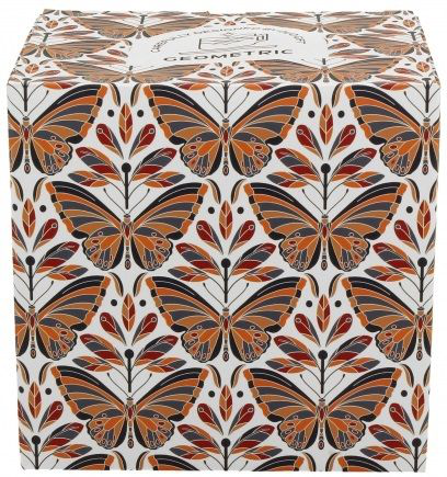 Ozdobne pudełko prezentowe z geometrycznym motywem motyli, dopasowane do porcelanowego kubka Papilo.
