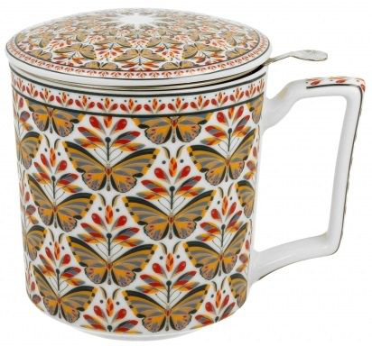 Kubek porcelanowy z uchwytem i pokrywką, motyw Papilo z motylami w barwach pomarańczu i czerni.