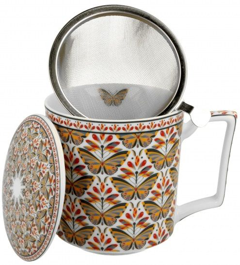 Kubek porcelanowy Papilo z sitkiem ze stali nierdzewnej i pokrywką, zdobiony wzorem kolorowych motyli.