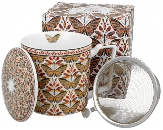 Zestaw kubek porcelanowy Papilo z zaparzaczem, pokrywką i ozdobnym pudełkiem w komplecie.