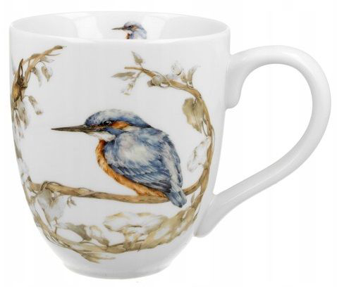 Porcelanowy kubek XXL 1000 ml z motywem zimorodka na gałęzi.