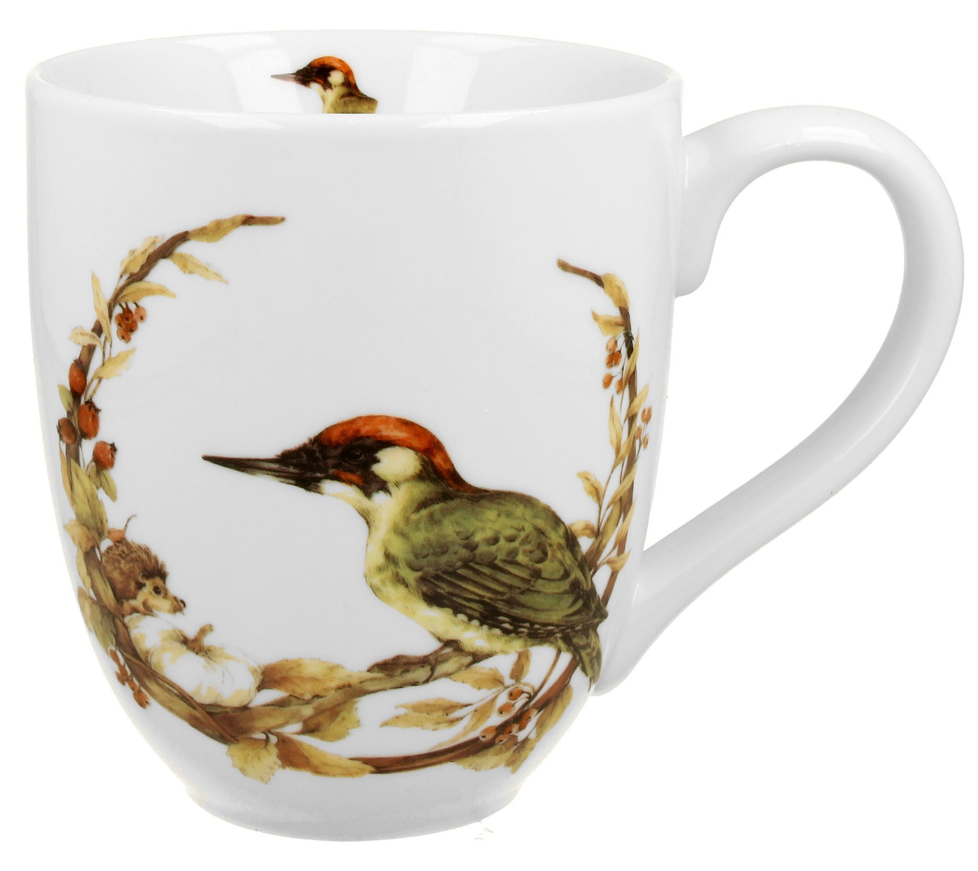 Kubek porcelanowy XXL o pojemności 1000 ml ozdobiony ilustracją dzięcioła zielonego na gałęzi.