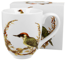 Kubek porcelanowy XXL Dzięcioł Zielony zaprezentowany z dopasowanym pudełkiem prezentowym.