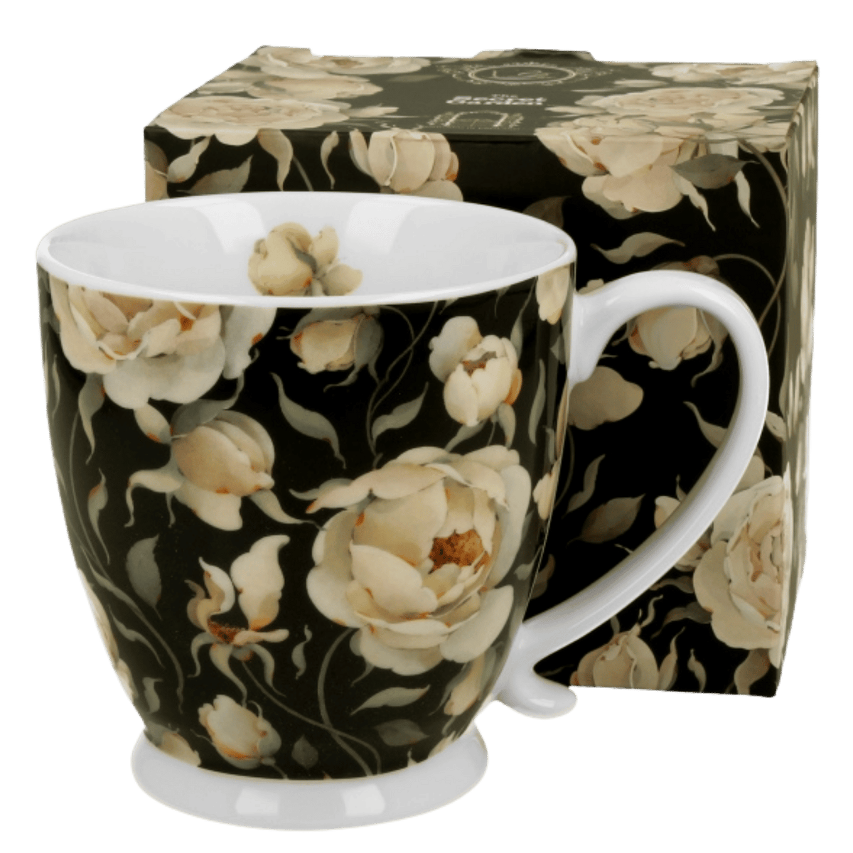 Kubek na stopce English Roses Black 510 ml z porcelany, obok ozdobne pudełko z kremowymi różami na czarnym tle