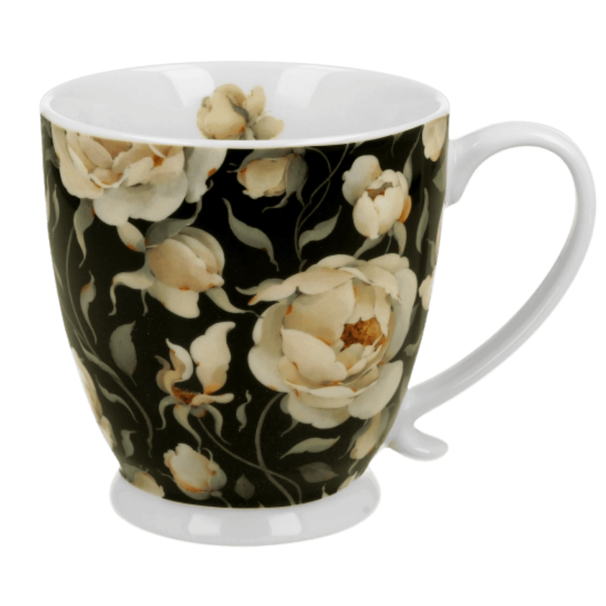 Kubek porcelanowy English Roses Black 510 ml bez zaparzacza, kremowe róże i biała stopka