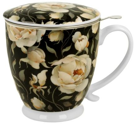 Kubek porcelanowy na stopce English Roses Black 510 ml z pokrywką i motywem róż na czarnym tle.