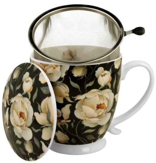Kubek porcelanowy na stopce English Roses Black 510 ml z zaparzaczem i kwiatowym wzorem.