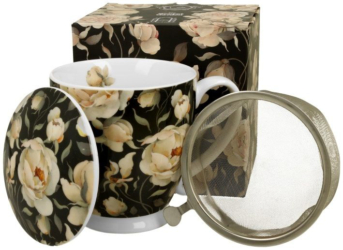 Zestaw kubek porcelanowy na stopce English Roses Black 510 ml z zaparzaczem i pudełkiem prezentowym.