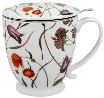 Kubek porcelanowy Flower Meadow – 510 ml z motywem polnych kwiatów i owoców, przykryty porcelanową pokrywką.