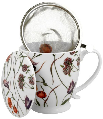 Kubek porcelanowy Flower Meadow – 510 ml z zaparzaczem i pokrywką, widoczne wnętrze zestawu.