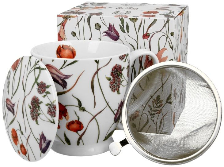 Komplet porcelanowy Flower Meadow – kubek, pokrywka i zaparzacz, zaprezentowany z ozdobnym pudełkiem.