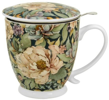 Kubek Peony Blue na stopce z porcelanową pokrywką i kwiatowym wzorem.
