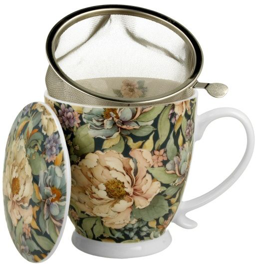 Kubek porcelanowy Peony Blue 510 ml ze stalowym zaparzaczem i przykrywką.