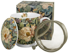 Zestaw kubek porcelanowy Peony Blue z zaparzaczem, pokrywką i dopasowanym pudełkiem.