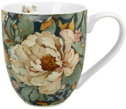 Porcelanowy kubek XXL Peony Blue 1000 ml ozdobiony wzorem piwonii na ciemnym tle.