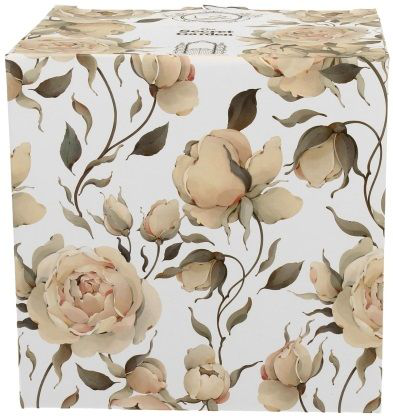 Ozdobne pudełko prezentowe z motywem kremowych róż, w którym zapakowany jest kubek porcelanowy na stopce English Roses White.