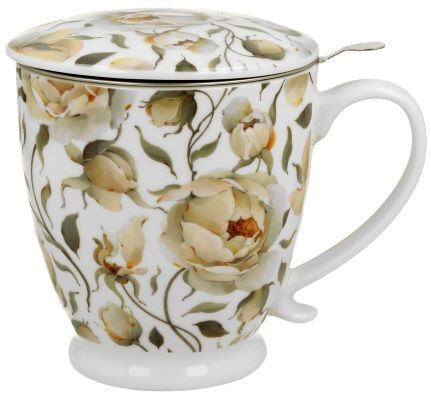 Kubek porcelanowy English Roses White z kremowym kwiatowym wzorem i pokrywką.