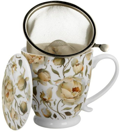 Kubek porcelanowy English Roses White na stopce z dopasowaną pokrywką i metalowym zaparzaczem.