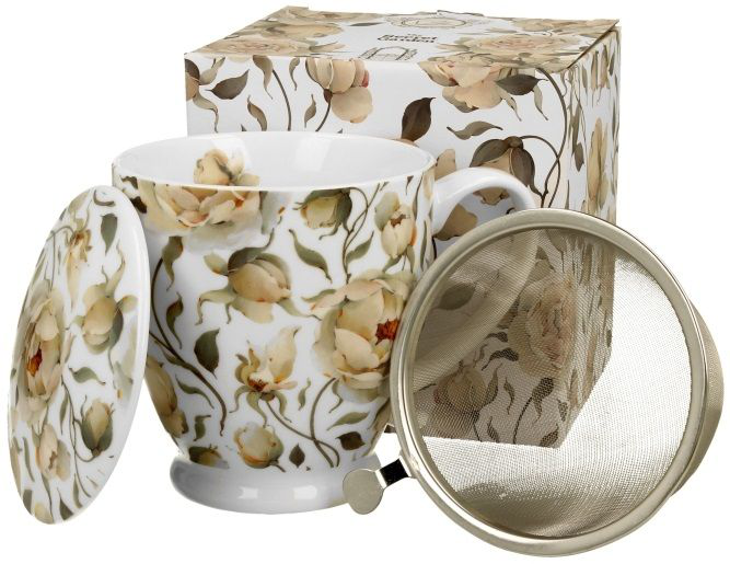 Komplet: kubek porcelanowy na stopce English Roses White z zaparzaczem, pokrywką oraz ozdobnym pudełkiem prezentowym.