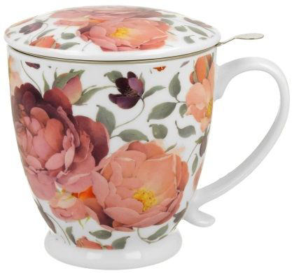 Elegancki kubek porcelanowy na stopce Spring Roses White 510 ml z pokrywką.
