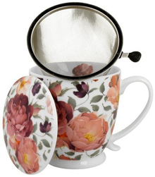 Kubek porcelanowy Spring Roses White 510 ml z metalowym zaparzaczem i pokrywką.