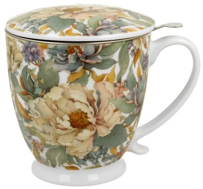 Kubek porcelanowy na stopce Peony White 510 ml z przykrywką, zdobiony kwiatowym motywem.