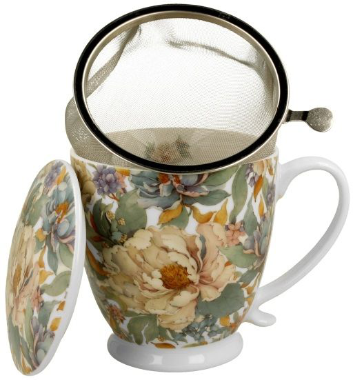 Kubek porcelanowy Peony White 510 ml z zaparzaczem ze stali nierdzewnej i przykrywką.