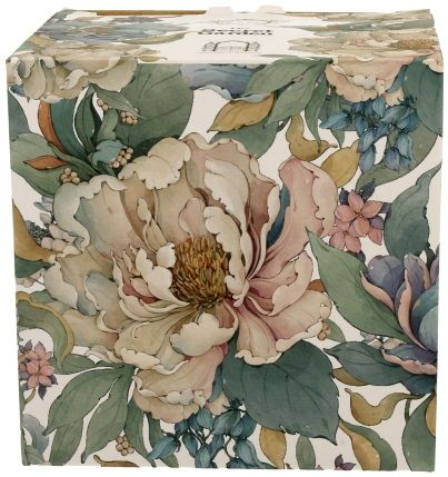 Ozdobne pudełko do kubka porcelanowego na stopce Peony White 510 ml z kwiatowym wzorem.